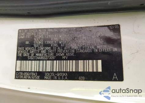 2006 Toyota Sequoia Sr5 V8 z USA, uszkodzony, nr VIN 5TDZT34AX6S273097
